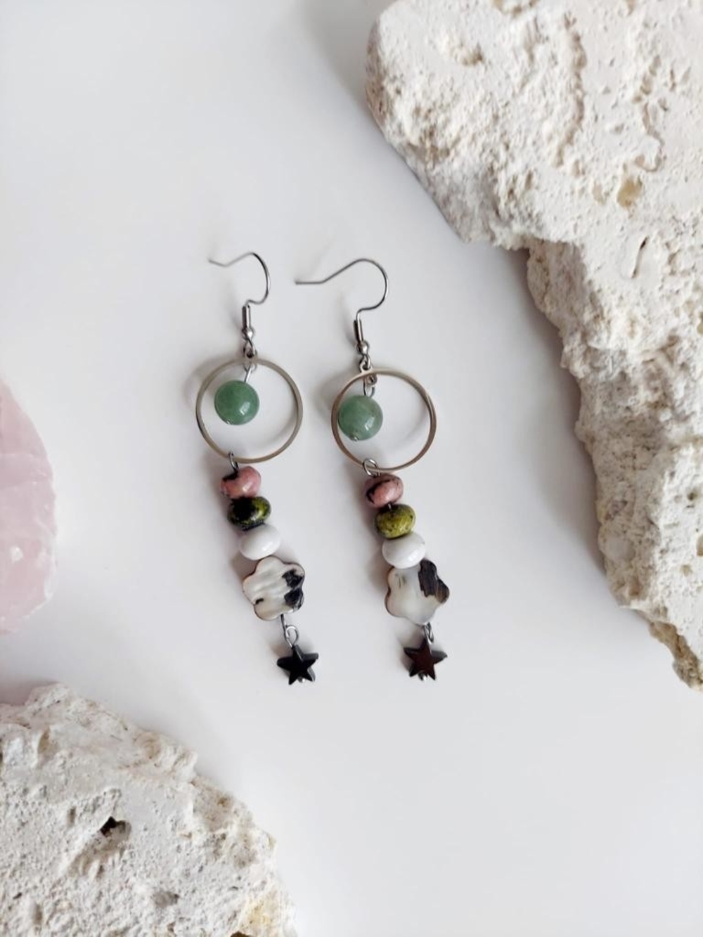 Green Bead & Shell Drop Earrings with Star Charm
